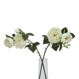 Two artificial white rose stems arranged in a clear glass vase against a white backdrop.