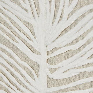 Detailed view of the white feather design texture against the beige woven fabric backing.
