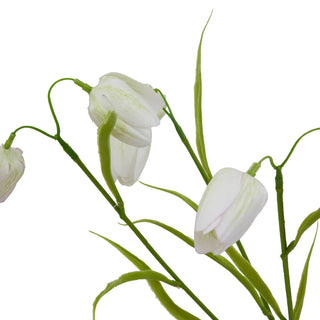 Close-up detail of three artificial white fritillaria flowers and thin green stems against a white background.
