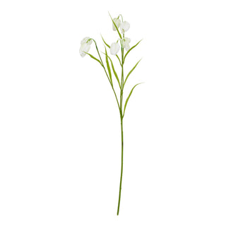 Plain front-on studio shot of a single artificial green stem with white bell-shaped fritillaria flowers.