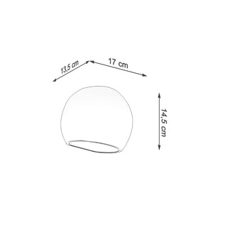 Line drawing showing the dimensions of the white globe wall lamp: 17 cm width, 14.5 cm height.