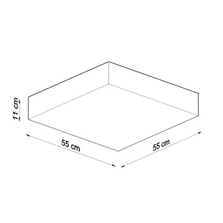 Technical diagram showing the dimensions of the square ceiling lamp: 55 cm wide and 11 cm deep.