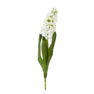 Plain front-on shot of the artificial white hyacinth stem with green leaves.