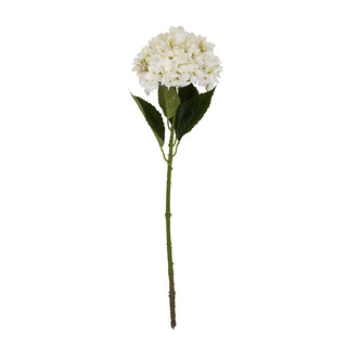 Single white artificial hydrangea stem and leaves isolated against a plain white background.