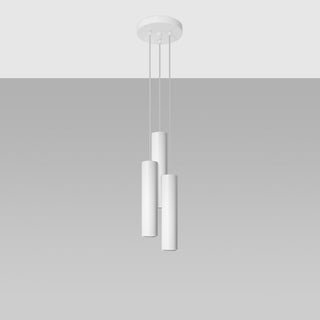 Front view of the three white cylindrical pendant shades suspended from the ceiling rose.