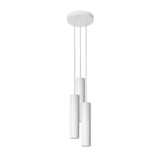White three-pendant ceiling light fixture with cylindrical shades suspended at different heights.