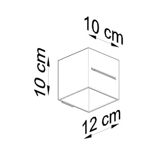 Technical drawing showing the cubic wall lamp dimensions: 10 cm high, 10 cm wide, 12 cm deep.