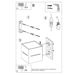 Technical diagram showing the mounting and wiring instructions for the cubic wall light.