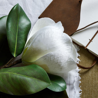 Close-up showing the texture of the white magnolia petals and shiny green leaves on a white cloth.