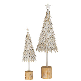 Front view of the large white metal tree displayed next to a smaller matching version, both on rustic wooden bases.