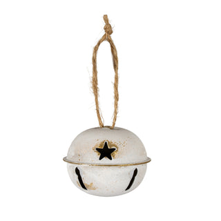 Front view of a round, distressed white metal bell with a central star cut-out and gold trim, suspended by twine.