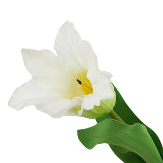 Detail shot of the artificial white parrot tulip flower showing the open petals and yellow stamen.