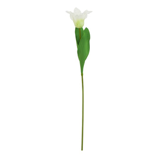 Single artificial white parrot tulip stem with green leaves, photographed front-on against white.