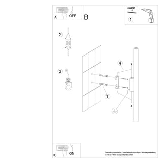 Technical diagram showing the steps for installing the wall lamp fixture onto a tiled wall.