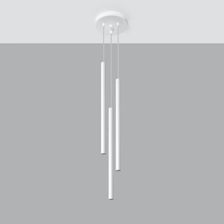 White three-light pendant lamp showing the cylindrical shades hanging at staggered lengths.