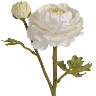 Full view of the artificial white ranunculus spray featuring the open flower, closed bud, and textured green stem.