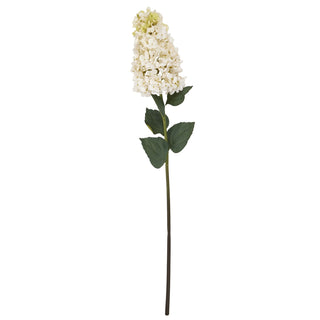 Full length artificial white spear hydrangea stem with dark green leaves, displayed on a white background.