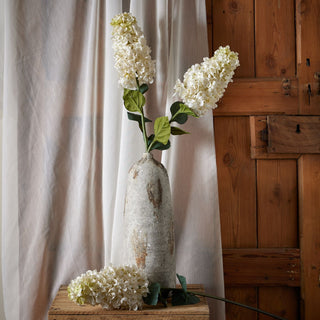 Two white spear hydrangeas in a tall distressed vase on a wooden crate, against a sheer curtain and rustic door.