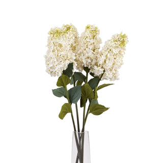 Three artificial white spear hydrangeas displayed in a clear glass vase.