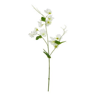Artificial white sweetpea stem with flowers, green leaves, and curling tendrils. Plain front-on product shot.