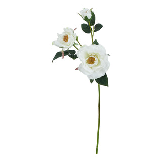 Artificial white tea rose single stem with three blooms and buds, shown against a plain white background.