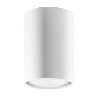 Plain front-on view of the white cylindrical ceiling light fixture with a textured finish and recessed diffuser.