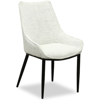 Off-white textured dining chair with high back and black metal legs, studio shot.