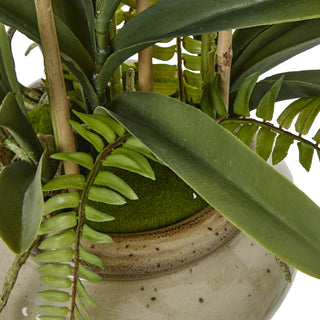 Close-up of the dense artificial foliage, including broad leaves and fern fronds, set into green moss in the pot.