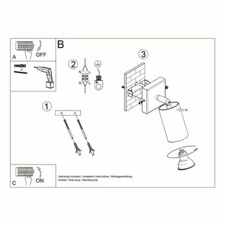 Technical diagram illustrating the assembly and wiring instructions for the wall light fixture.