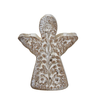 Full front-on studio shot of the white wash wooden angel decoration, highlighting the carved floral design.