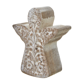 Rustic wooden angel decoration with a white wash finish, carved with a detailed floral pattern.