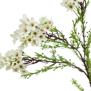 Detail shot showing clusters of white artificial waxflowers and the texture of the thin green needle-like leaves.