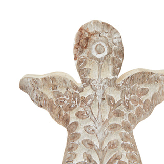 Tight close-up of the angel's upper body, showing the detailed carved floral pattern and whitewash finish.