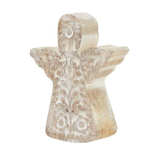 Plain front-on studio shot of a whitewashed wooden angel figure with deeply carved floral and foliage patterns.