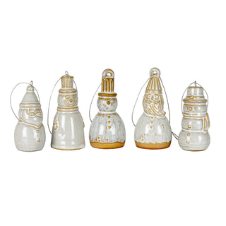 Five glazed ceramic Christmas ornaments in various snowman and Santa designs.