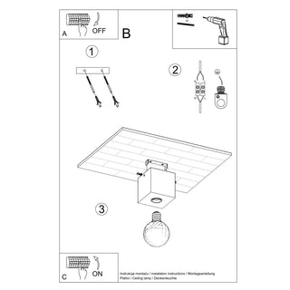Installation instructions diagram showing wiring, tools, and mounting the ceiling lamp base.