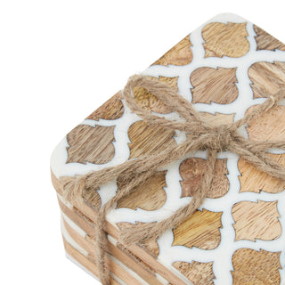Detail of stacked wood effect coasters showing the geometric inlay, layered sides, and rustic twine knot.