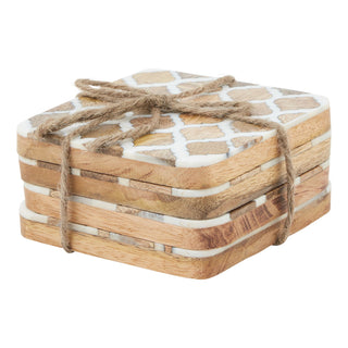 Four square wood effect coasters stacked and tied with twine. They feature a white geometric inlay pattern.