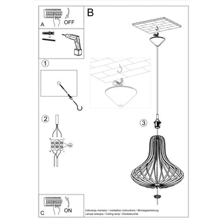 Installation guide line drawing for the pendant lamp, detailing electrical connections and ceiling fixture mounting.