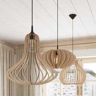 Three wooden slatted pendant lamps of different designs hanging together in a room setting.