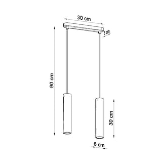 Black and white technical diagram showing the dimensions of the twin pendant ceiling light fixture.
