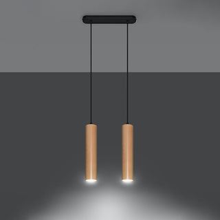 Two cylindrical wooden pendants illuminating the dark grey background with bright downward light.