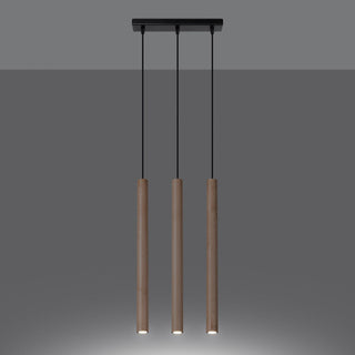 Three cylindrical wood pendant lights illuminated, showing bright downlights against a dark grey background.