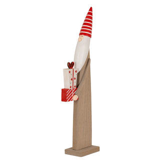 Wooden elf decoration with a red striped hat and white beard, holding two small Christmas presents.