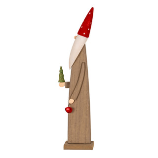 Wooden elf decoration shown in profile, holding a miniature green tree and a red bell.