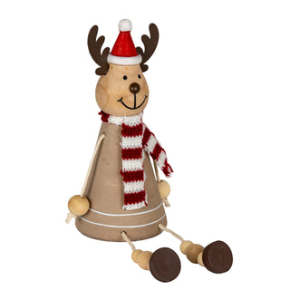 Wooden reindeer decoration wearing a Santa hat and striped scarf, sitting with dangling wooden arms and legs.