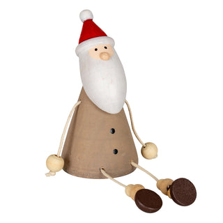 Wooden sitting Santa decoration with a conical brown body, white beard, and string limbs.
