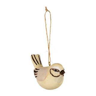 Wooden bird decoration painted cream and brown, viewed from a slight angle, hanging by a twine loop.