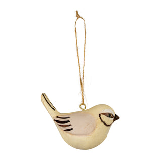 Cream and brown painted wooden bird decoration hanging from a natural twine loop. Plain front-on product shot.