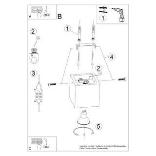 Technical diagram showing the assembly process for the wooden ceiling light fixture, detailing the mounting and wiring.